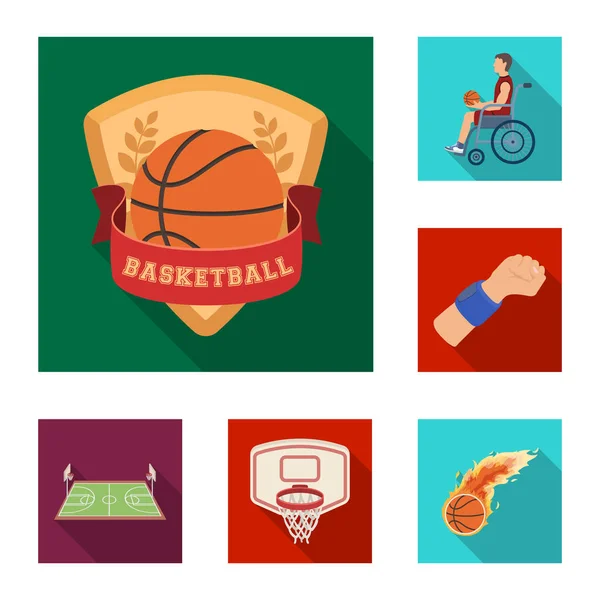 Baloncesto y atributos iconos planos en la colección de conjuntos para el diseño.Jugador de baloncesto y equipo vector símbolo stock web ilustración . — Archivo Imágenes Vectoriales