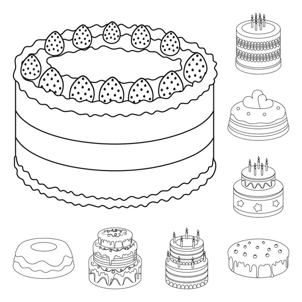 Ciasta i desery konturu ikony w kolekcja zestaw do projektowania. Ciasto wektor symbol akcji web ilustracja. — Wektor stockowy