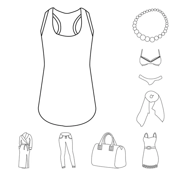 Γυναικεία ρούχα περίγραμμα εικονίδια στη συλλογή σετ για σχεδιασμό. Ποικιλίες ρούχα και αξεσουάρ σύμβολο μετοχής web εικονογράφηση διάνυσμα. — Διανυσματικό Αρχείο
