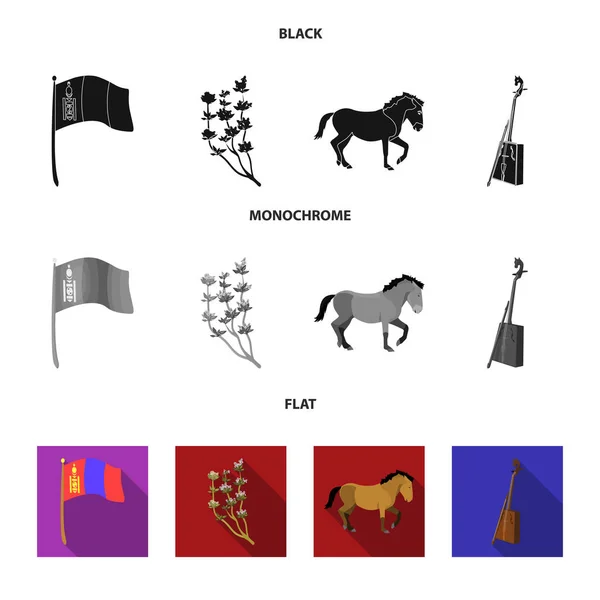 National flag, horse, musical instrument, steppe plant. Mongolia set collection icons in black, flat, monochrome style vector symbol stock illustration web. — Stock Vector