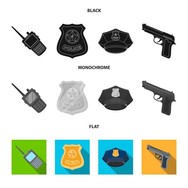 Radio, Polizeibeamtenabzeichen, Uniformmütze, Pistolen.police Set Sammlung Symbole in schwarz, flach, monochromen Stil Vektor Symbol Stock Illustration Web. — Stockvektor