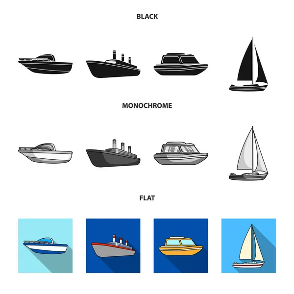 Perlindungan perahu, sekoci, kapal uap kargo, olahraga yacht.Ships dan transportasi air set ikon dalam warna hitam, datar, monokrom gaya vektor simbol gambar web . - Stok Vektor