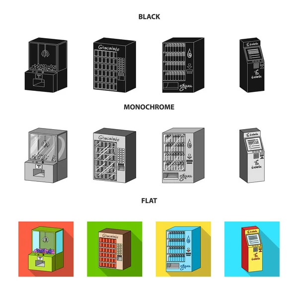 Mesin permainan, terminal penjualan tiket, sebuah automaton untuk menjual aqua dan coklat. Terminal menata ikon koleksi dalam gaya hitam, datar, monokrom vektor isometrik simbol stok gambar web  . - Stok Vektor