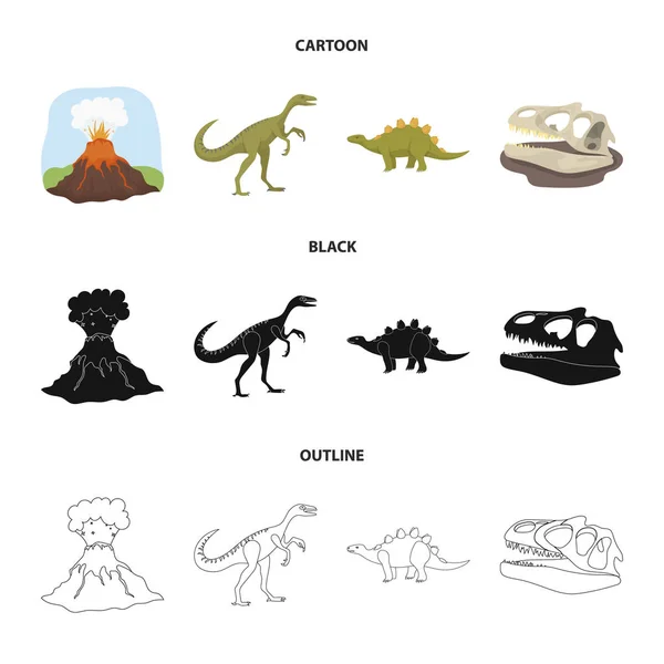 Vulkanausbruch, Gallimimus, Stegosaurus, Dinosaurierschädel. Dinosaurier und prähistorische Periode setzen Sammlung Symbole in Cartoon, schwarz, Umriss Stil Vektor Symbol Stock Illustration Web. — Stockvektor