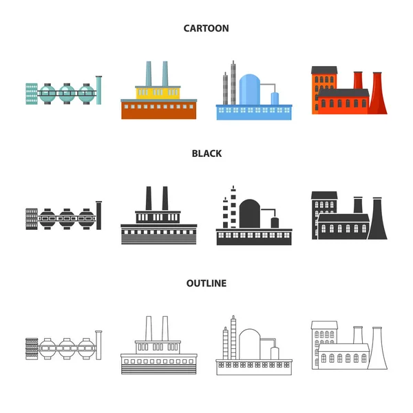 Przemysł, produkcja. Fabryka zestaw kolekcji ikon w kreskówki, czarny, zarys styl wektor symbol ilustracji w sieci web. — Wektor stockowy