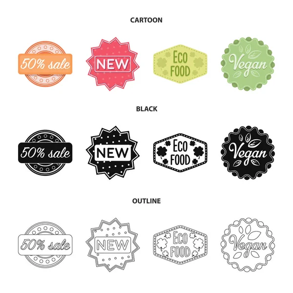 Prozentsatz Verkauf, neu, eco food, vegan.label, set collection icons in cartoon, black, outline style vektor symbol stock illustration web. — Stockvektor