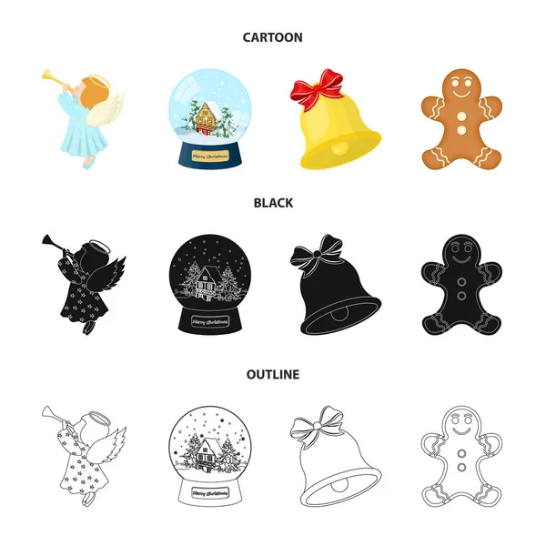 Angel, glass bowl, gingerbread and bell cartoon, black, outline icons in set collection for design. Рождественская векторная веб-иллюстрация . — стоковый вектор