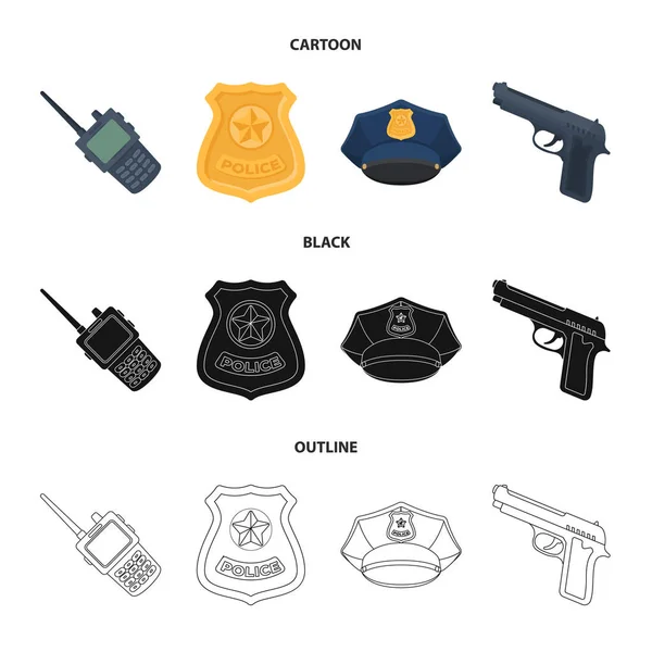 Radio, Polizeibeamtenabzeichen, Uniformmütze, Pistol.police Set Sammlung Symbole in Cartoon, schwarz, Umriss Stil Vektor Symbol Stock Illustration Web. — Stockvektor