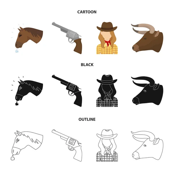 Egy ló, egy bika fej, egy revolvert, egy cowboy lány fejét. Rodeo településen rajzfilm, fekete, vázlat stílusú vektor szimbólum stock illusztráció web ikonok gyűjtemény. — Stock Vector