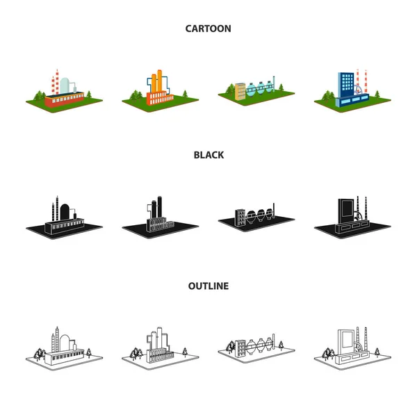 加工工場、冶金の植物。工場・産業漫画、黒、アウトライン スタイル等尺性のベクトル シンボル ストック イラスト web でコレクションのアイコンを設定. — ストックベクタ