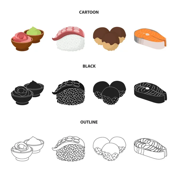 Salsa de Wasabi y jengibre, filete de salmón, pulpo. Conjunto de iconos de colección de sushi en dibujos animados, negro, contorno estilo vector símbolo stock ilustración web . — Vector de stock