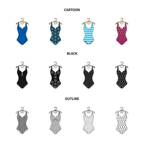 Diferentes tipos de trajes de baño. Trajes de baño conjunto de iconos de colección en dibujos animados, negro, contorno estilo vector símbolo stock ilustración web . — Vector de stock