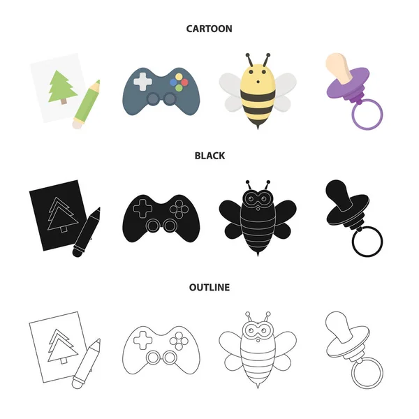Изображение, джостик, пчела, ниппл.Игрушки настраивают иконки коллекций в мультфильме, черном, набросок векторного стиля символа фондового иллюстрации веб . — стоковый вектор