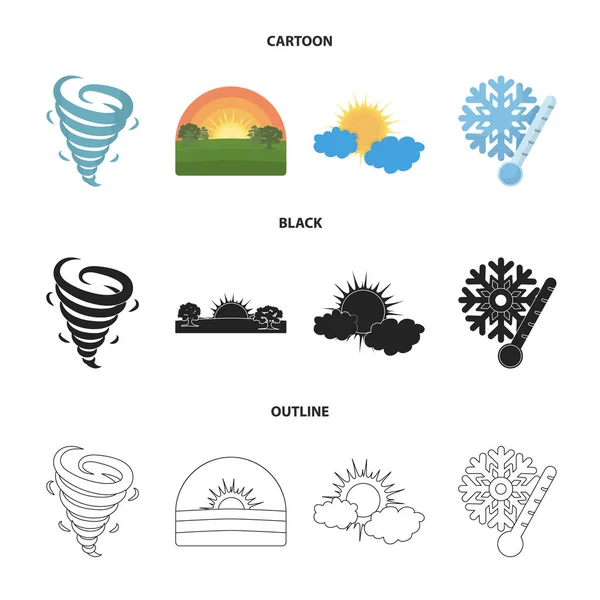 Торнадо, восход солнца, облачность, снег и мороз. The weather set collection icons in cartoon, black, outline style vector symbol stock illustration web . — стоковый вектор