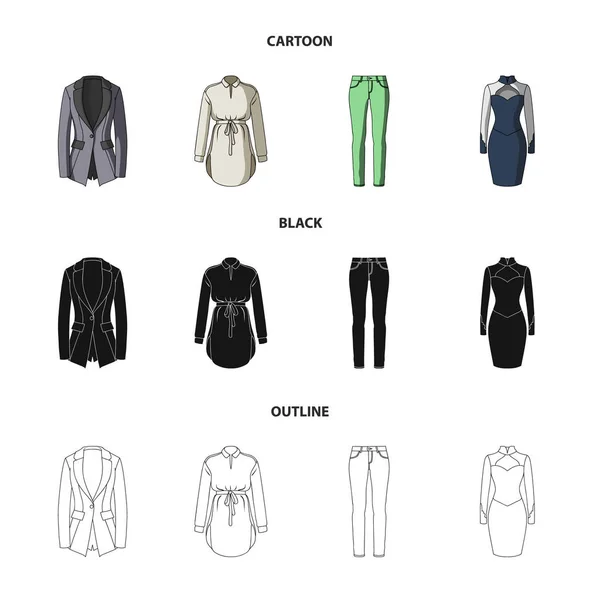 Vrouwen kleding tekenfilm, zwart, overzicht pictogrammen in set collectie voor design. Variëteiten van de kleding en accessoires symbool voorraad web vectorillustratie. — Stockvector