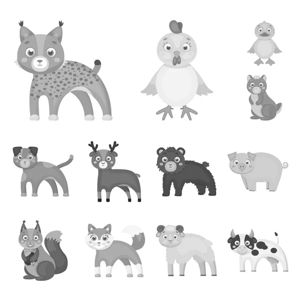Leksak djur svartvita ikoner i set insamling för design. Fågel, rovdjur och växtätare vektor symbol lager web illustration. — Stock vektor