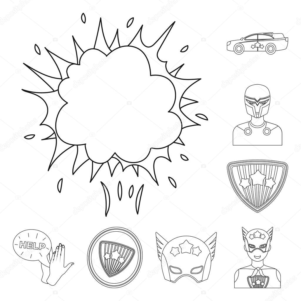 A fantastic superhero outline icons in set collection for design. Superhero equipment vector symbol stock web illustration.
