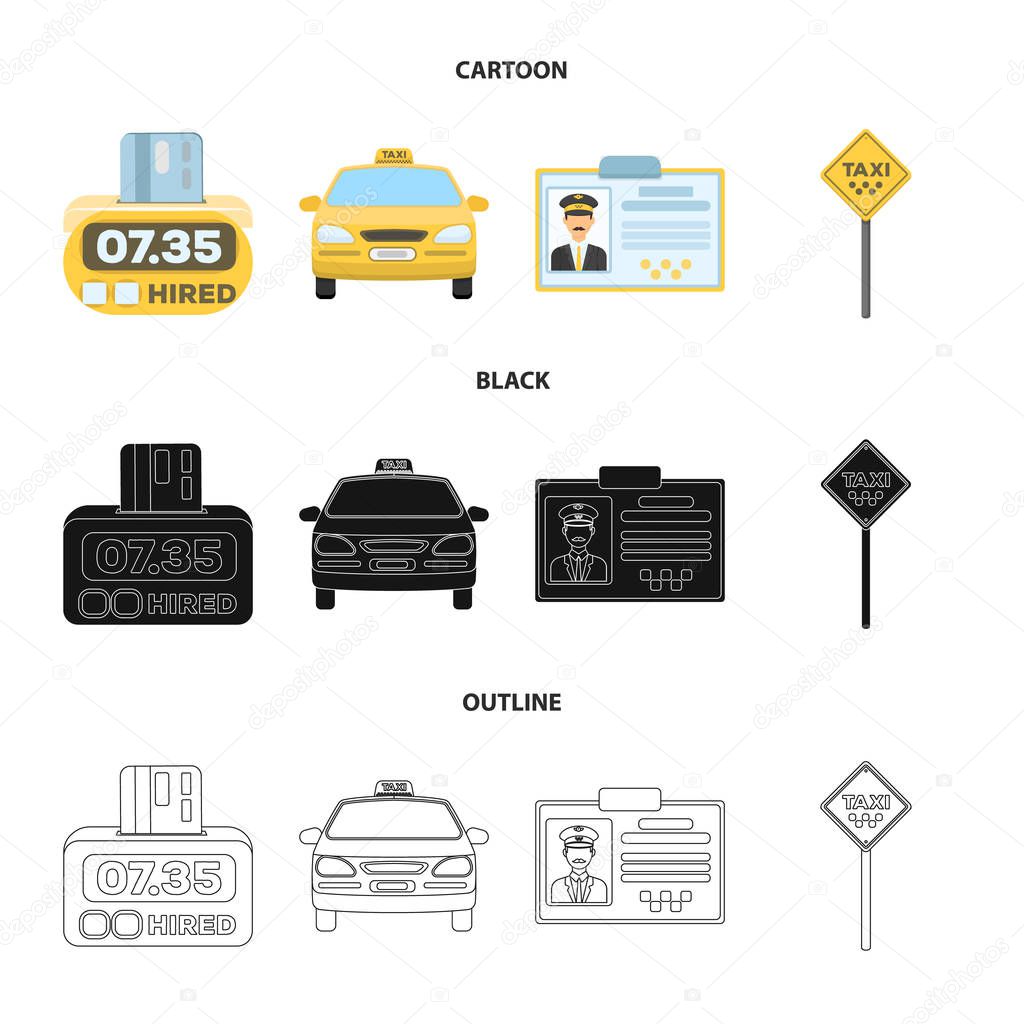 The counter of the fare in the taxi, the taxi car, the driver badge, the parking lot of the car. Taxi set collection icons in cartoon,black,outline style vector symbol stock illustration web.