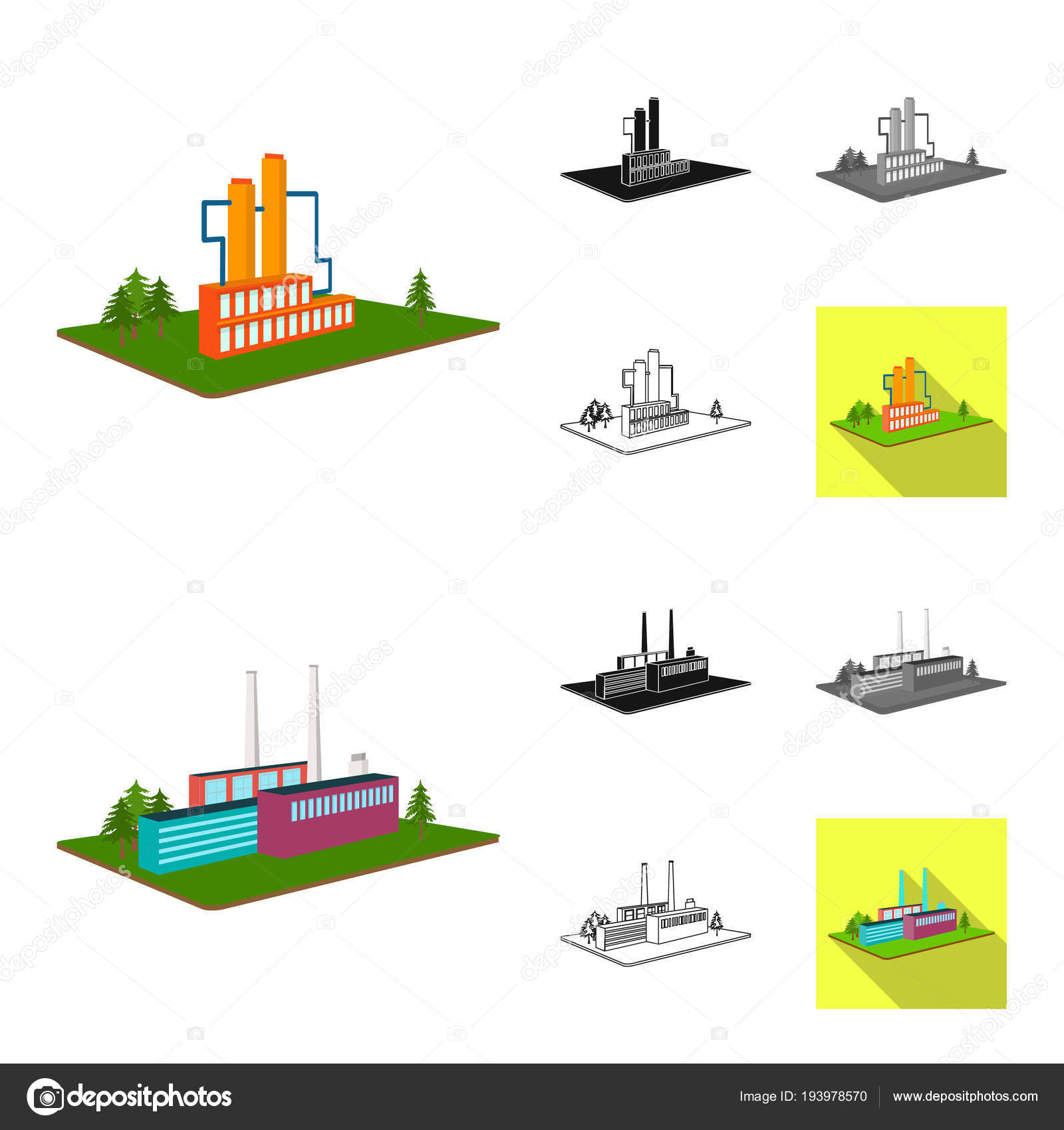 Usine Et Usine Dessin Anime Noir Plat Monochrome Icones Contour Dans La Collection De Jeu Pour