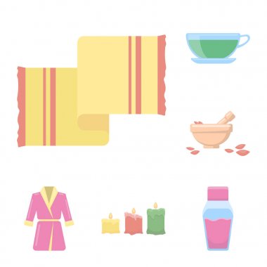 Set koleksiyonu tasarım için Spa salonu ve ekipmanları karikatür simgeler. Rahatlama ve dinlenme sembol stok web illüstrasyon vektör.