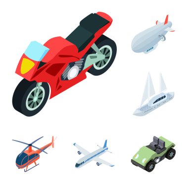 Different types of transport cartoon icons in set collection for design. Car and ship isometric vector symbol stock web illustration.
