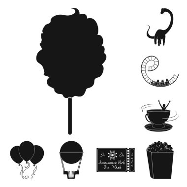 Set koleksiyonu tasarım için eğlence parkı siyah simgeler. Cihazları ve mekanlarına sembol stok web illüstrasyon vektör.