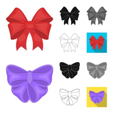 Çok renkli yay çizgi film, siyah, düz, siyah-beyaz anahat simgeleri set koleksiyonu tasarım için. Dekorasyon vektör simge stok web çizim için yay.