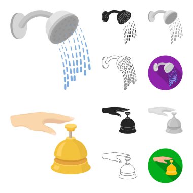 Otel ve ekipman çizgi film, siyah, düz, siyah-beyaz anahat simgeleri set koleksiyonu tasarım için. Otel ve konfor sembol stok web illüstrasyon vektör.