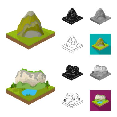 Dağlar, büyük çizgi film, siyah, düz, siyah-beyaz anahat simgeleri set koleksiyonu tasarım için. Dünya vektör izometrik sembol stok web Çizim yüzeyi.