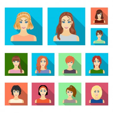 Kadın saç modelleri türleri set koleksiyonu tasarım için simgeleri düz. Bir kadın vektör simge stok web illüstrasyon görünümünü.