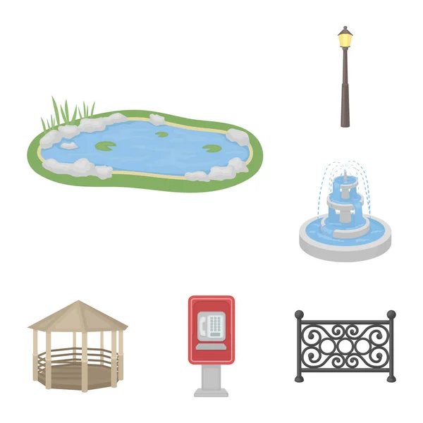 Parque, ícones de desenhos animados de equipamentos na coleção de conjuntos para design. Caminhada e descanso símbolo vetorial web ilustração . —  Vetores de Stock