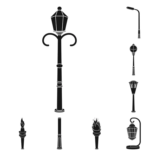 Iconos de poste de lámpara negro en la colección de conjuntos para el diseño. Linterna e iluminación vector símbolo stock web ilustración . — Vector de stock