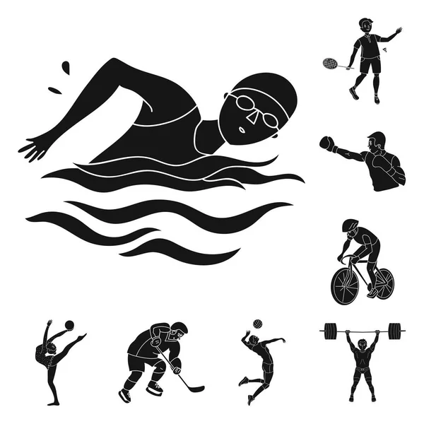 Diferentes tipos de iconos deportivos negros en la colección de conjuntos para el diseño. Atleta, competiciones vector símbolo stock web ilustración . — Archivo Imágenes Vectoriales