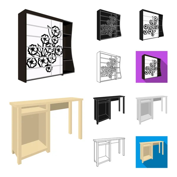 Muebles de dormitorio de dibujos animados, negro, plano, monocromo, iconos de contorno en la colección de conjuntos para el diseño. Muebles de madera modernos vector isométrico símbolo stock web ilustración . — Vector de stock