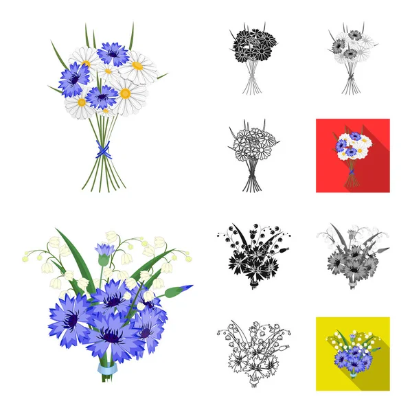 新鮮な花の漫画、ブラック、フラット、モノクロ、ブーケ デザインのセットのコレクションのアイコンを概説します。様々 な花束ベクトル シンボル ストック web イラスト. — ストックベクタ
