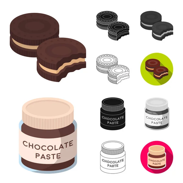 Sobremesa de chocolate desenhos animados, preto, plano, monocromático, ícones de contorno na coleção de conjuntos para design. Chocolate e doces símbolo vetorial ilustração web stock . — Vetor de Stock