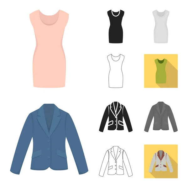 Olika typer av kläder cartoon, svart, platt, monokrom, disposition ikoner i set samling för design. Kläder och stil vektor symbol lager web illustration. — Stock vektor