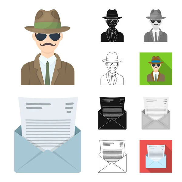 Detective and Attributes cartoon, black, flat, monochrome, outline icons in set collection for design.Detective Agency vector symbol stock web illustration . — стоковый вектор