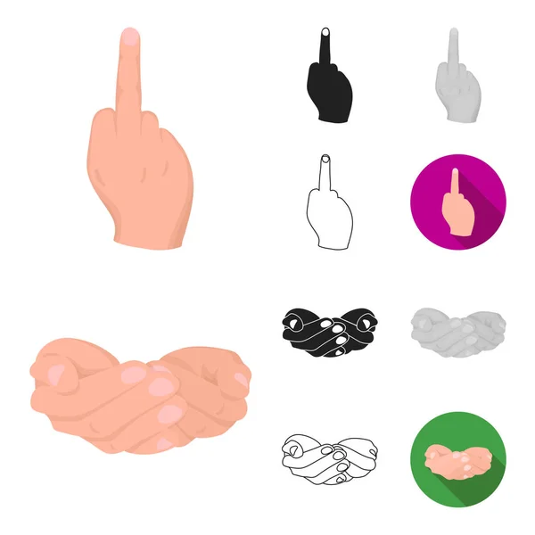 Hand gebaar tekenfilm, zwart, plat, zwart-wit, schetsen van pictogrammen in set collectie voor design. Palm en vinger symbool voorraad web vectorillustratie. — Stockvector