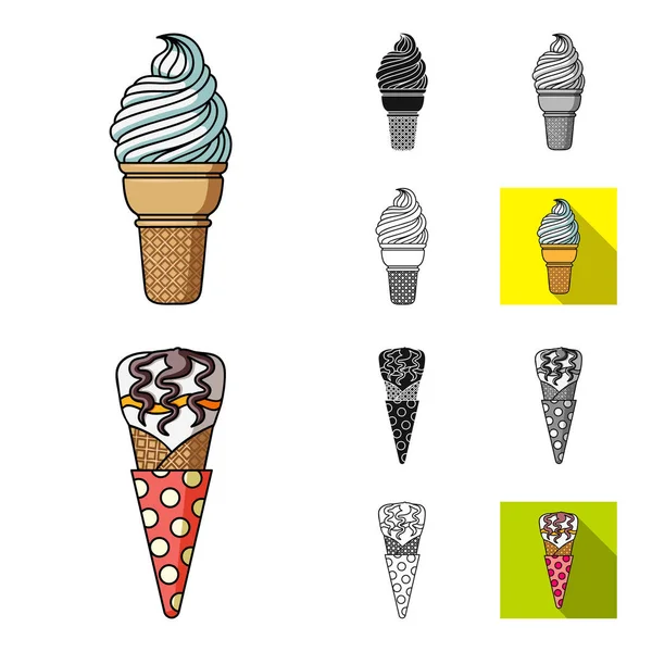 Desenhos animados diferentes do sorvete, ícones pretos, lisos, monocromáticos, do esboço na coleção ajustada para o projeto. Sobremesa e doçura símbolo vetorial ilustração web . —  Vetores de Stock