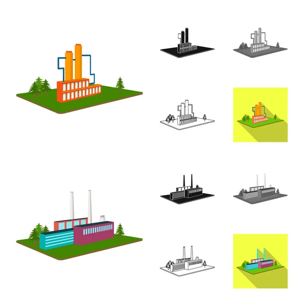 Fabriken och växt tecknad, svart, platt, monokrom, skissera ikoner i set samling för design. Produktion och enterprise vektor isometrisk symbol lager web illustration. — Stock vektor