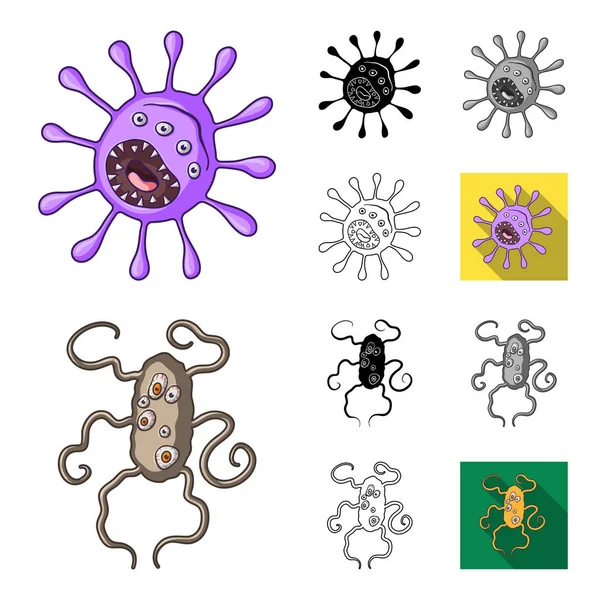 Tipos de micróbios engraçados desenhos animados, preto, plano, monocromático, ícones de contorno na coleção de conjuntos para design. Ilustração patogênica da teia do estoque do símbolo do vetor dos micróbios . — Vetor de Stock