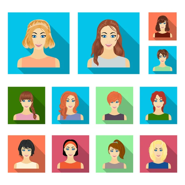 Tipos de peinados femeninos iconos planos en colección de conjuntos para el diseño. Apariencia de una mujer vector símbolo stock web ilustración . — Vector de stock