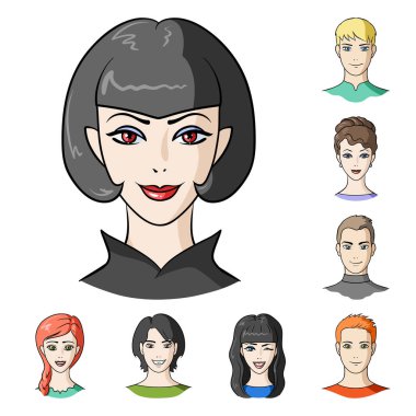 Set koleksiyonu tasarım için Avatar ve yüz karikatür simgeler. Bir kişi görünümü vektör simge stok web çizim.
