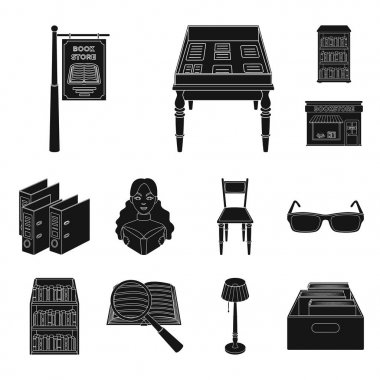 Siyah set koleksiyonu tasarım için simgeler Kütüphane ve kitabevi. Kitap ve mobilyalar sembol stok web illüstrasyon vektör.
