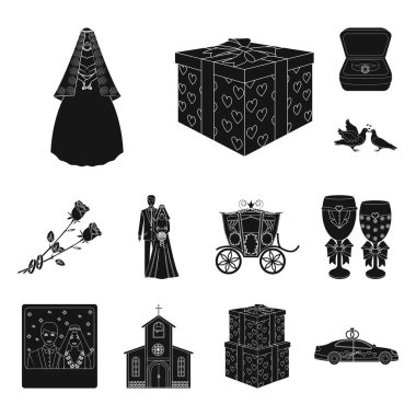 Düğün ve öznitelikleri set koleksiyonu tasarım için simgeler siyah. Sembol stok web illüstrasyon vektör yeni evliler ve aksesuarları.