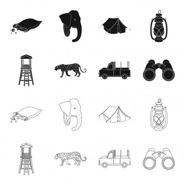 Avcı, leopar, avcılık makine, dürbün için gözlem kulesi. Afrika safari toplama simgeler siyah, anahat stili vektör simge stok çizim web içinde ayarla..