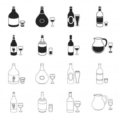 Beyaz şarap, kırmızı şarap, cin, sangria. Alkol toplama simgeler siyah, anahat stili vektör simge stok çizim web içinde ayarla..