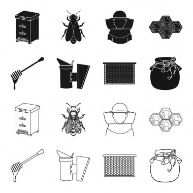 Bir çerçeve peteğin, bir kepçe bal, arıların gelen bir fumigator, bir kavanoz bal ile. Arı kovanı toplama simgeler siyah, anahat stili vektör simge stok çizim web içinde ayarla..
