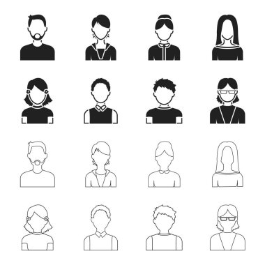 Kızıl saçlı çocuk, genç kız, gözlüklü büyükanne. Avatar toplama simgeler siyah, anahat stili vektör simge stok çizim web içinde ayarla..